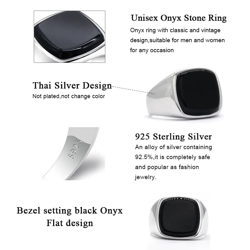 Turkish Ring for Men 925 Sterling Silver Black Onyx Square Natural Stone Rings Simple Classic Signet Jewelry to Male Women Gift